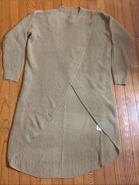 Crewneck Long Knit Sweater Dress in Beige